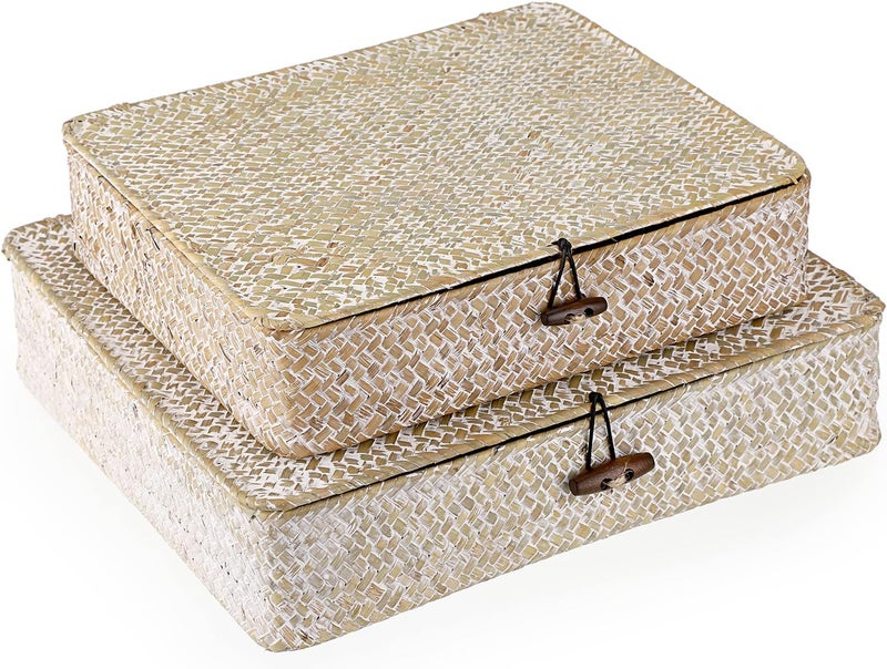 Hipiwe Set of 2 Flat Woven Wicker Storage Bins with Lid Natural Seagrass Basket Boxes Multipurpose Home Organizer Bins Boxes for Shelf Organizer (Whitewash) - Image 1