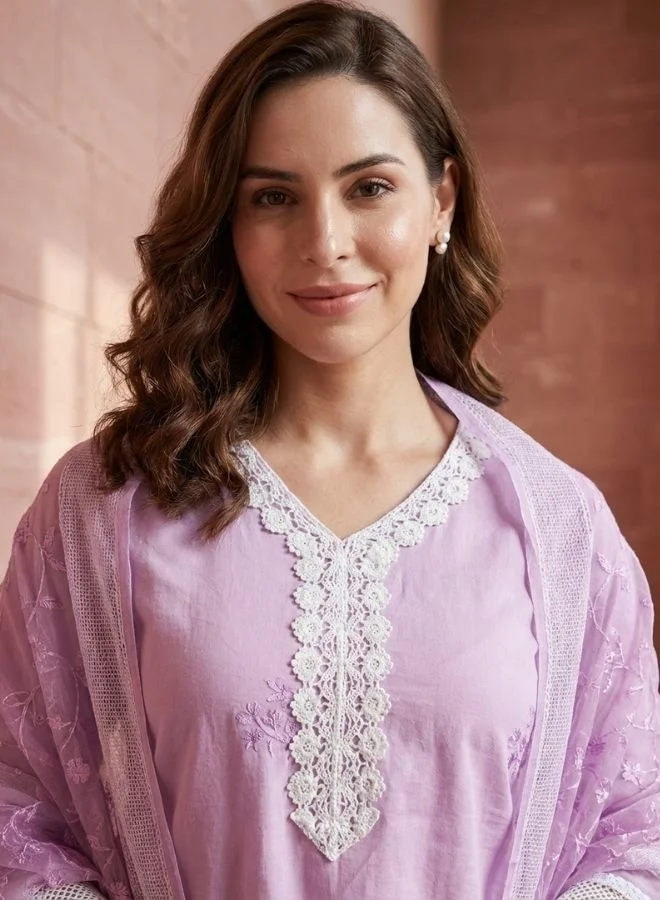Yuris Yuris Women Lavender Ethnic Motifs Embroidered Regular Pure Cotton Kurti with Trousers  With Dupatta