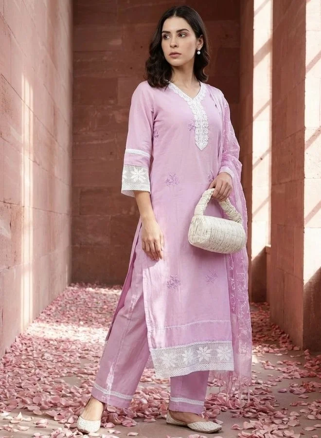 Yuris  Yuris Women Lavender Ethnic Motifs Embroidered Regular Pure Cotton Kurti with Trousers  With Dupatta for Women | Best Price UAE
