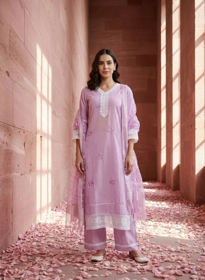Yuris Yuris Women Lavender Ethnic Motifs Embroidered Regular Pure Cotton Kurti with Trousers  With Dupatta