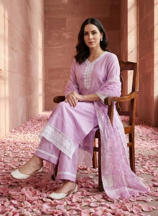 Yuris  Yuris Women Lavender Ethnic Motifs Embroidered Regular Pure Cotton Kurti with Trousers  With Dupatta for Women | Best Price UAE