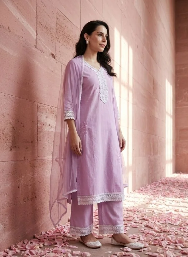 Yuris  Yuris Women Lavender Ethnic Motifs Embroidered Regular Pure Cotton Kurti with Trousers  With Dupatta for Women | Best Price UAE
