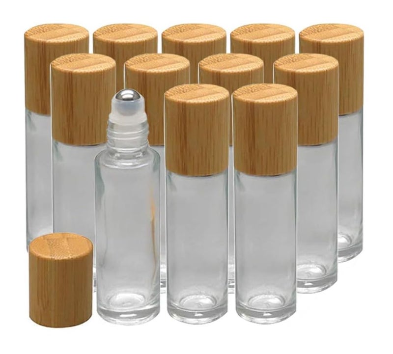 CREATIEE-PRO 12Pcs 10ml Glass Roll On Bottle with Bamboo Lid for Essential Oils, Creatiee Eco-friendly Refillable Clear Perfume Sample Bottles with Stainless Steel Roller Ball - Portable & Practicalâ€¦ - Image 1