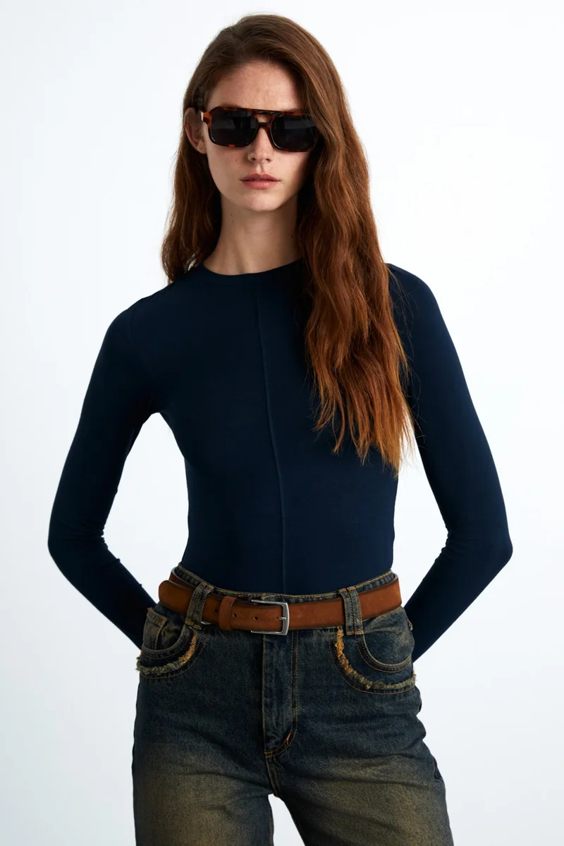 جريميلانج Yensi Women's Viscose Round Neck Slim Fit Navy Blue Blouse