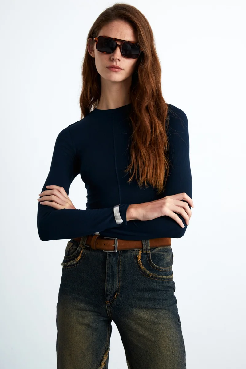 جريميلانج Yensi Women's Viscose Round Neck Slim Fit Navy Blue Blouse