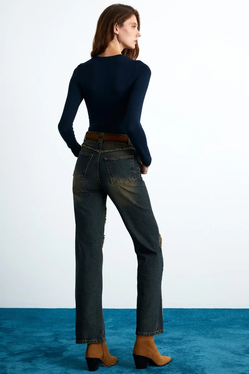 جريميلانج Yensi Women's Viscose Round Neck Slim Fit Navy Blue Blouse