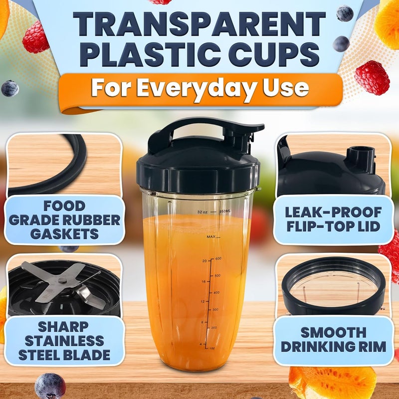 KETAR Bullet Blender Cups 32 oz - Blender Cup Replacement 7 Pieces Set Compatible with 600W and Pro 900W High-Speed Systems - Stainless Steel Extractor Blade for Mixing, Smoothies, Juicing, and More - Image 3