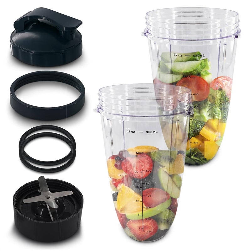 KETAR Bullet Blender Cups 32 oz - Blender Cup Replacement 7 Pieces Set Compatible with 600W and Pro 900W High-Speed Systems - Stainless Steel Extractor Blade for Mixing, Smoothies, Juicing, and More - Image 1