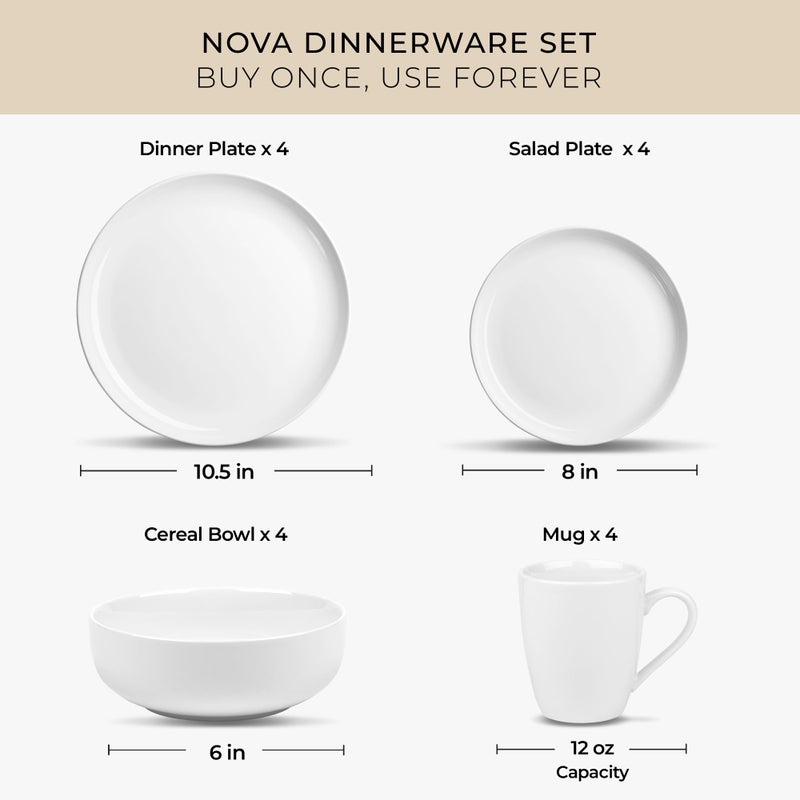 Zulay Kitchen Nova Porcelain Dinnerware Set, Service For 4 - Chip & Scratch Resistant White Plates And Bowls Sets - Microwave & Dishwasher Safe - White - Image 3