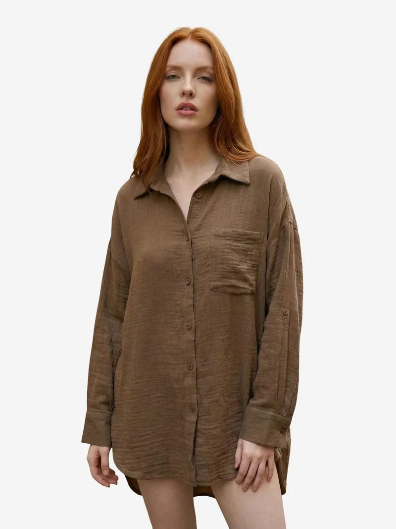 MY FASHION MY FASHION Textured Oversized Long Shirt with Button Closure
