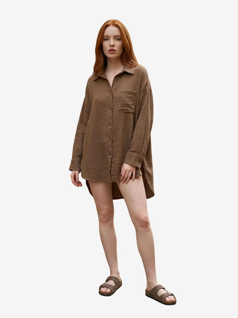 MY FASHION MY FASHION Textured Oversized Long Shirt with Button Closure