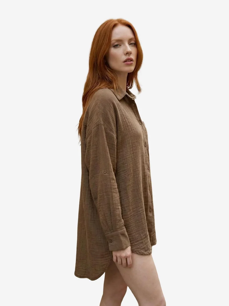My Fashion Coffee Brown MY FASHION Textured Oversized Long Shirt with Button Closure for Women | Best Price UAE
