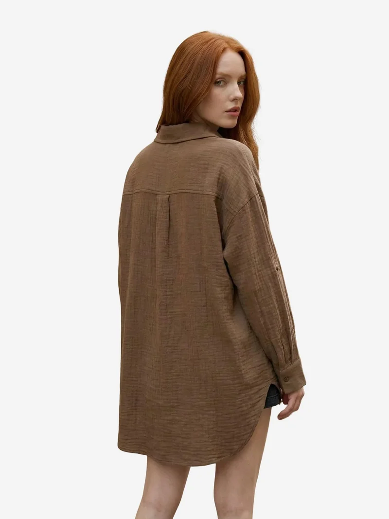 My Fashion Coffee Brown MY FASHION Textured Oversized Long Shirt with Button Closure for Women | Best Price UAE