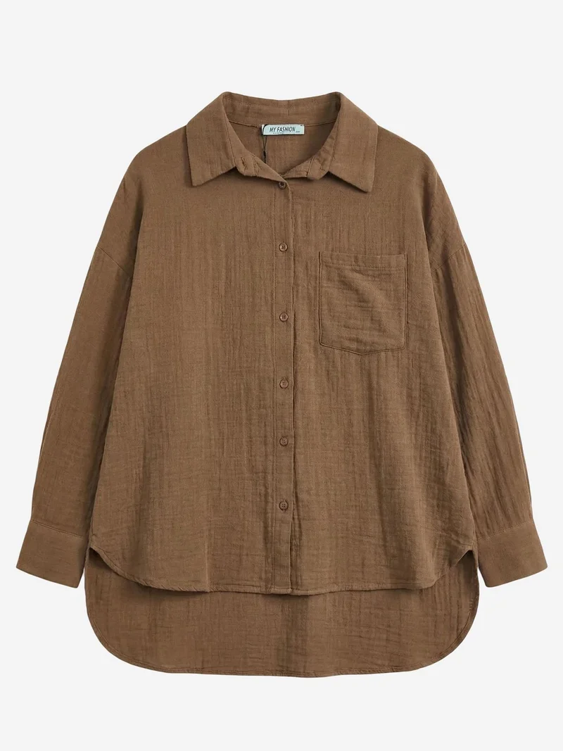 My Fashion Coffee Brown MY FASHION Textured Oversized Long Shirt with Button Closure for Women | Best Price UAE