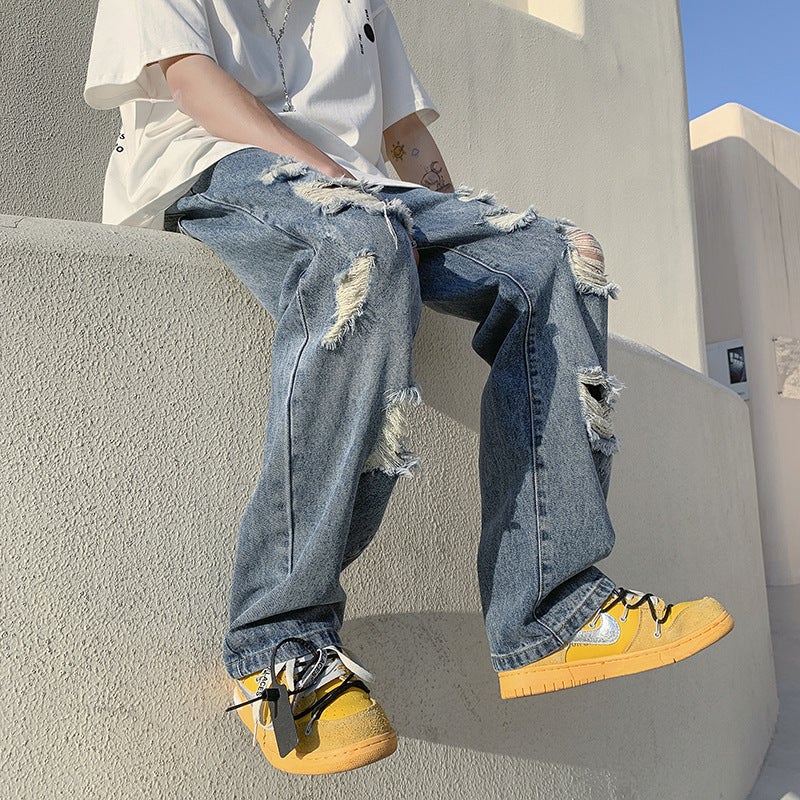 Trendy High Street Style Mens Jeans Loose Fit Ripped Bell Bottoms Sensible Niche Straight Leg Pants Casual Scene Blue 