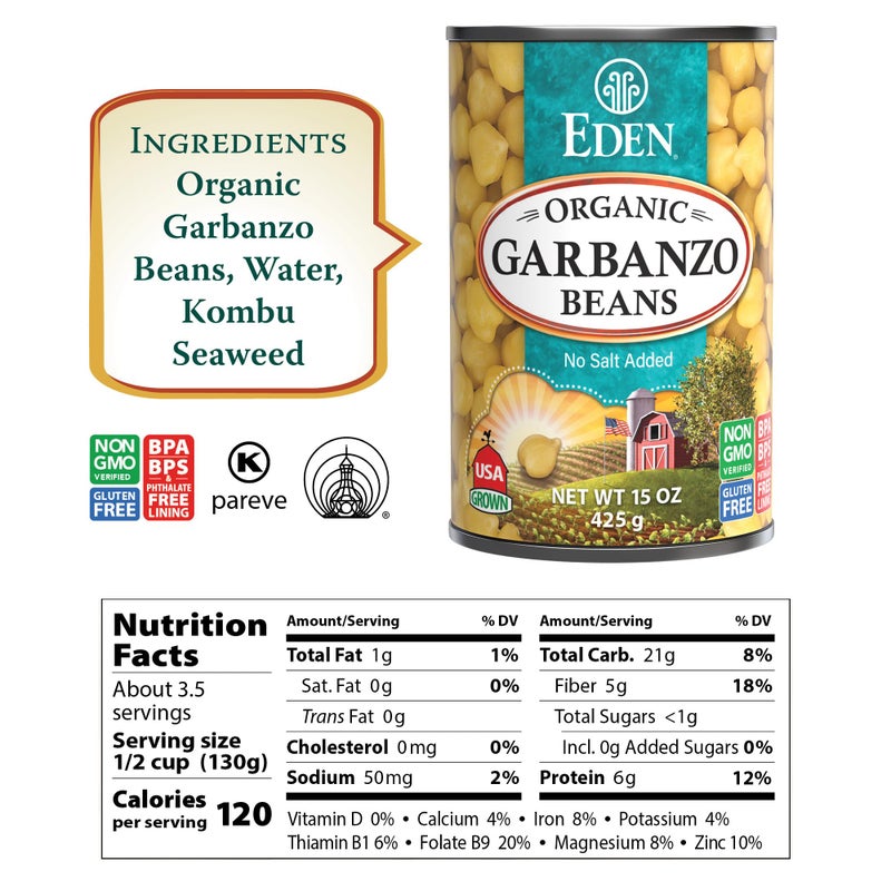 Eden Organic Garbanzo Beans, Chickpeas, 15 oz Can (12-Pack Case), No Salt Added, Non-GMO, Gluten Free, Vegan, Kosher, U.S. Grown, Heat and Serve, Macrobiotic - Image 2