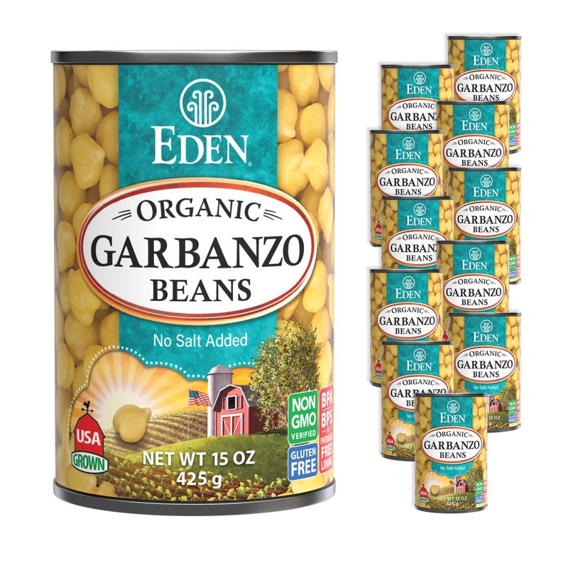 Eden Organic Garbanzo Beans, Chickpeas, 15 oz Can (12-Pack Case), No Salt Added, Non-GMO, Gluten Free, Vegan, Kosher, U.S. Grown, Heat and Serve, Macrobiotic - Image 1