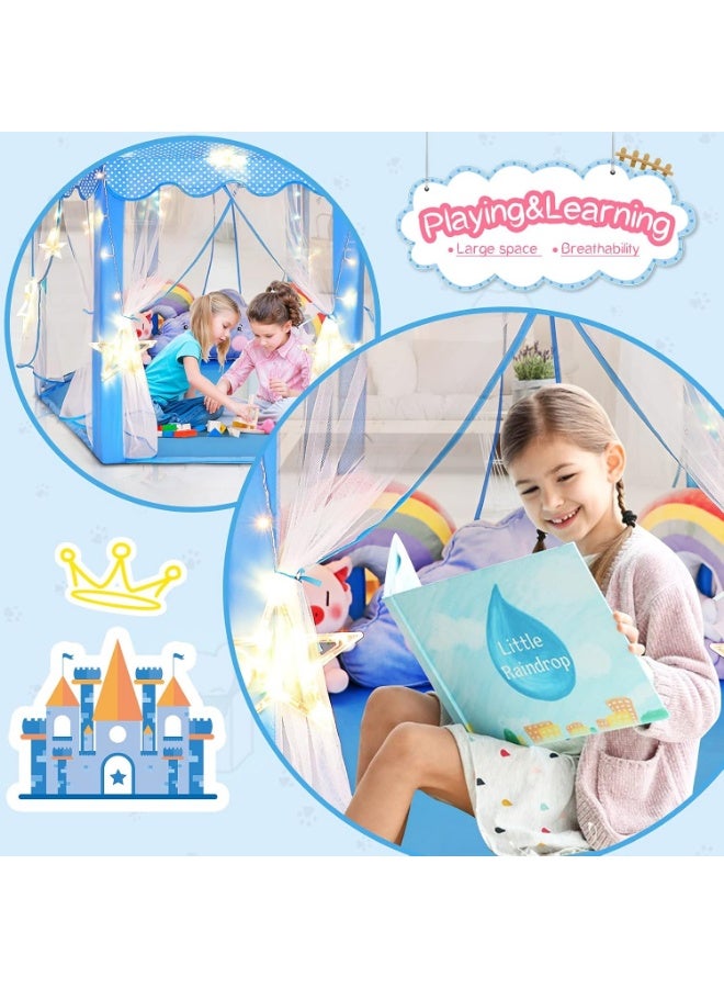 DubaiGallery Blue Polka Dot Kids Play Tent Castle Style with Net Curtains Star Lights Soft Mat Perfect Hideaway for Children Pretend Play Learning Fun Indoor Outdoor Bedroom Nursery Gift Idea Joy - Image 5