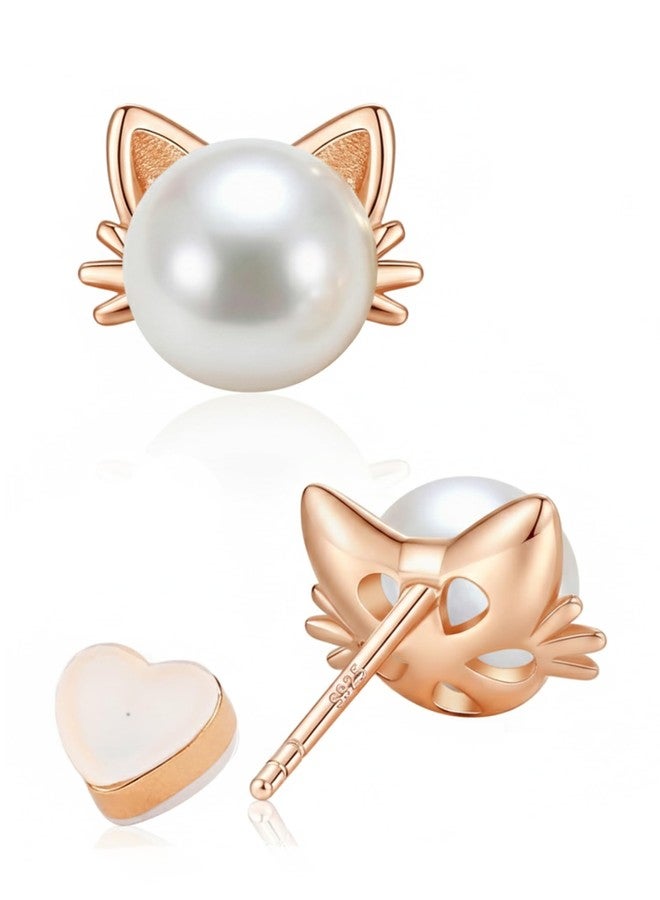 PANSTAR Pearl Cat Earrings for Women - Cute Dainty Cat Stud Earrings with Gift Box - Image 1