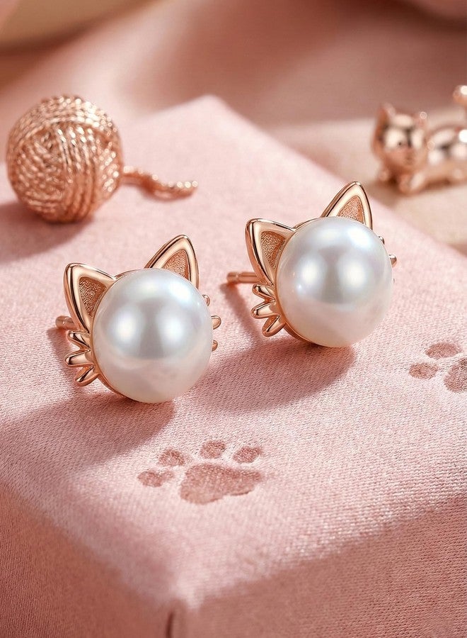PANSTAR Pearl Cat Earrings for Women - Cute Dainty Cat Stud Earrings with Gift Box - Image 2