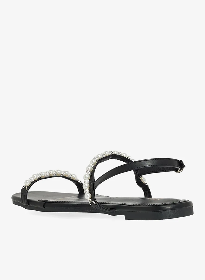 ELLA Black Pearl Embellished Flat Sandals for Women | Best Price UAE