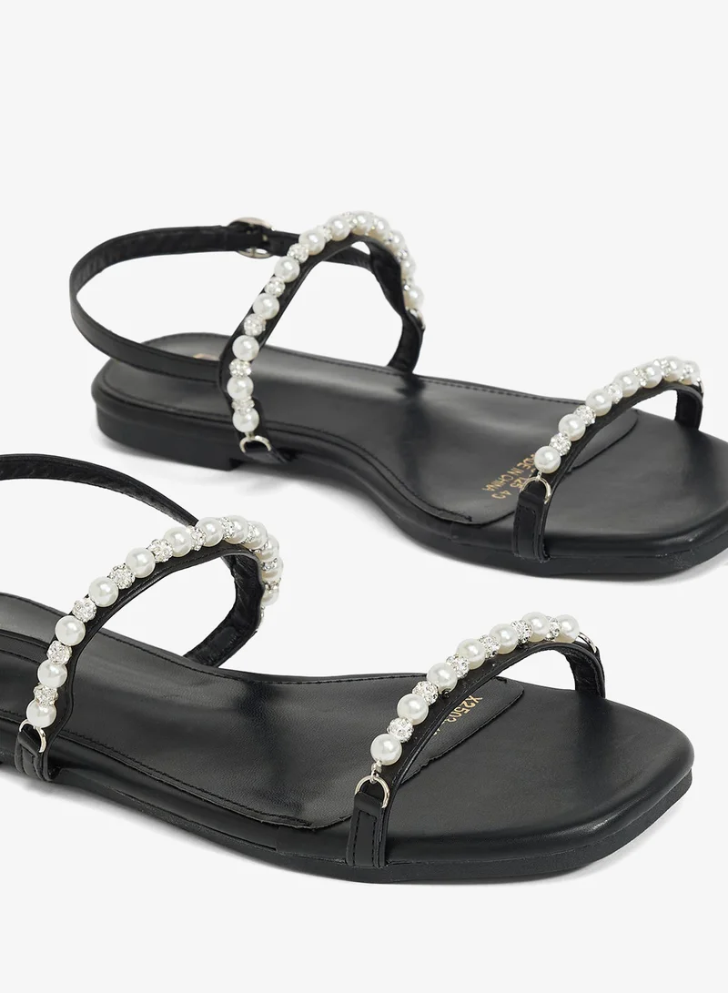 ELLA Black Pearl Embellished Flat Sandals for Women | Best Price UAE