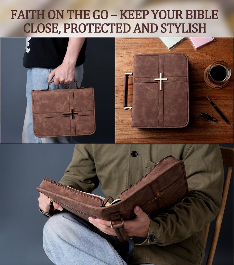 HFLZBRO Vegan Leather Bible Cover Case, Bible Bag with Phone Pocket, Bible Case for Men Women, Christian Gift Box Packaging (Brown) - Image 5