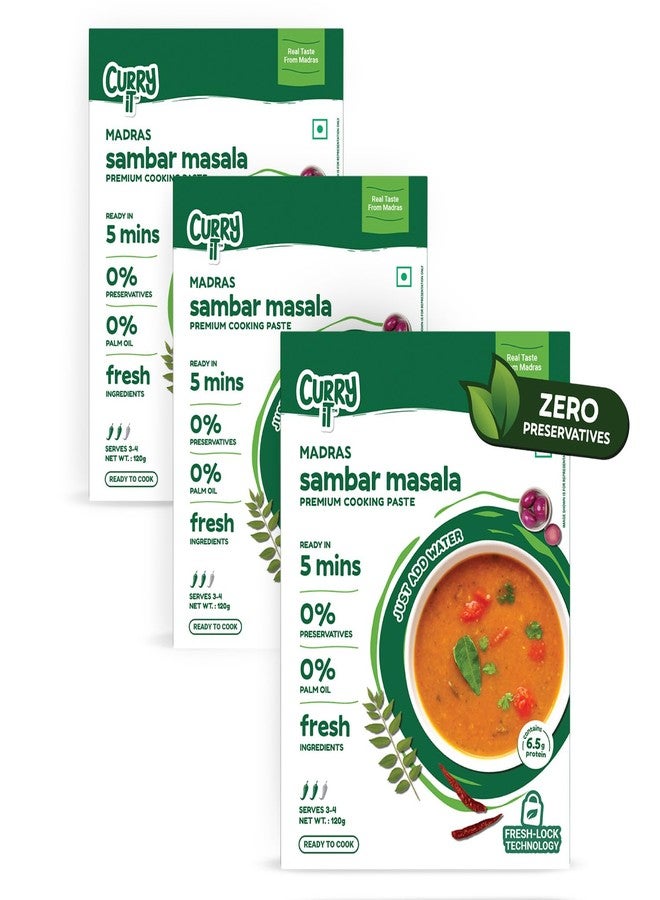 CURRYiT Madras Sambar Masala Paste | Ready in 5 Mins | Just Add Water and Cook | 100% Fresh Ingredients | No Palm - No Preservatives | Ready to Cook Instant Sambhar Masala Mix | Authentic South Indian Recipe | Pack of 3 - 120g each - Image 1