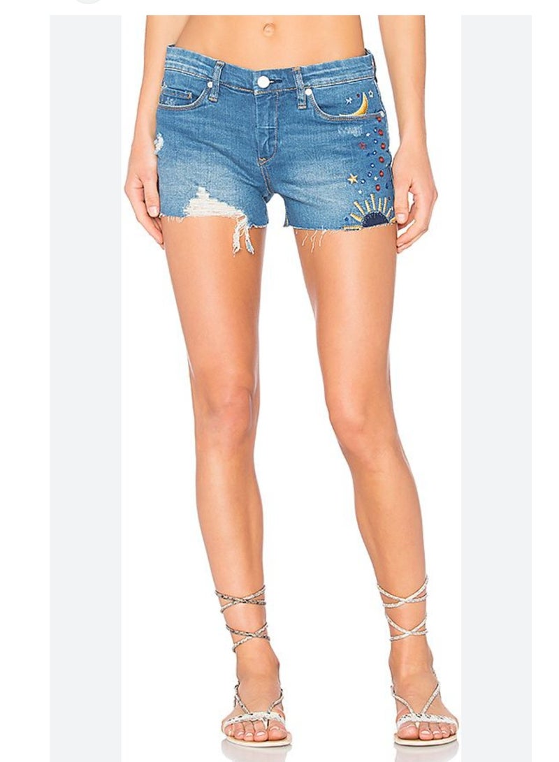Women summer denim shorts embroidery sun - Image 1