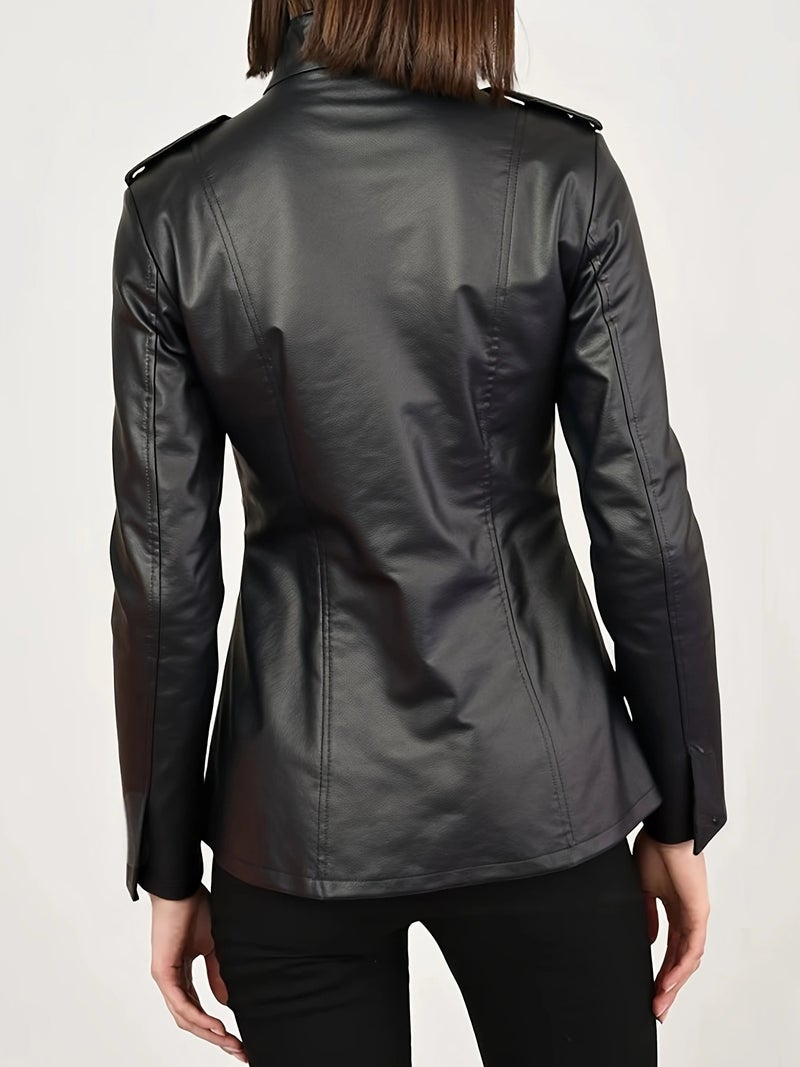 Women's PU Leather Jacket Long Sleeve Stand Collar Gothic Vintage Moto Coat - Image 3