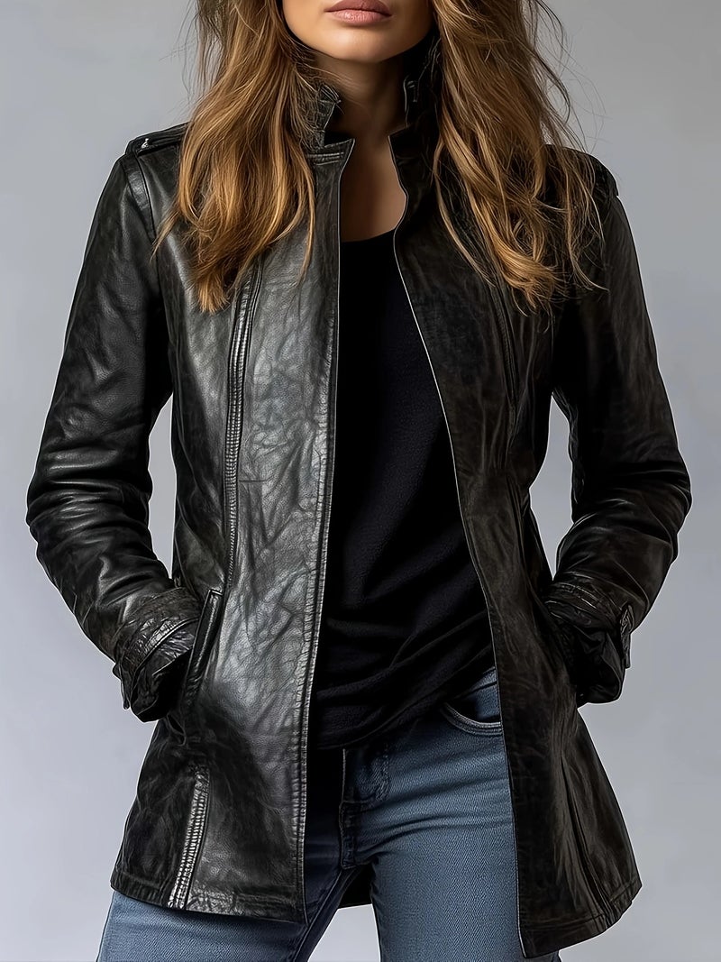 Women's PU Leather Jacket Long Sleeve Stand Collar Gothic Vintage Moto Coat - Image 1