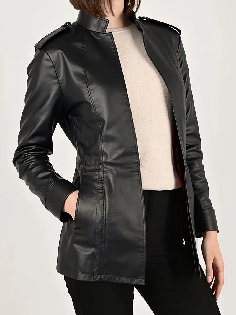 Women's PU Leather Jacket Long Sleeve Stand Collar Gothic Vintage Moto Coat - Image 2