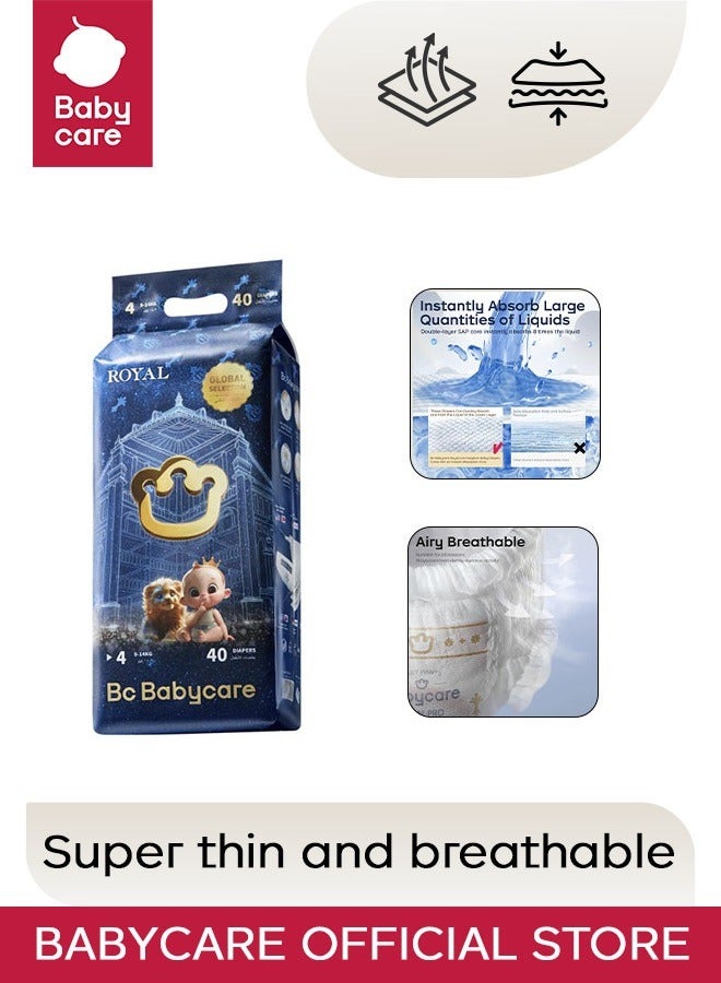 Babycare - Royal Baby Diapers, Size 4 (9–14 Kg), 40 Pieces, BPA-Free, Non-Toxic, Soft and Breathable, Ultra-Absorbent, Leak-Proof, Hypoallergenic, Gentle on Baby Skin, Secure Fit, Comfortable for Move