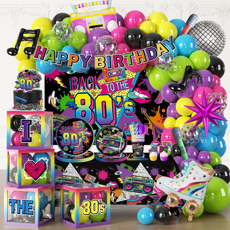 cocomigo 277pcs 80s Party Decorations Serves 25, All-in-one Set with Back To The 80's Backdrop Tableware Balloon Arch Tablecloth Balloon Box Cupcake Topper Table Decor, Etc. for 80s Party Decorations - Image 1