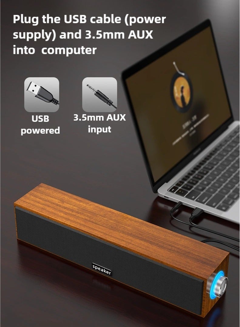 Computer Speaker, wooden Bluetooth speaker, support Bluetooth connection and 3.5mm AUX input, USB powered soundbar with volume knob - Image 3