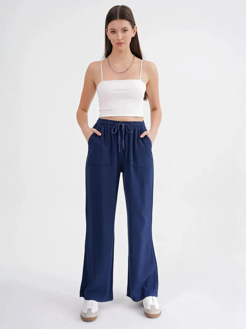 MixRay Navy Blue MIXRAY Mid Waist Straight Leg Cotton Pants with Tie Closure for Women | Best Price UAE