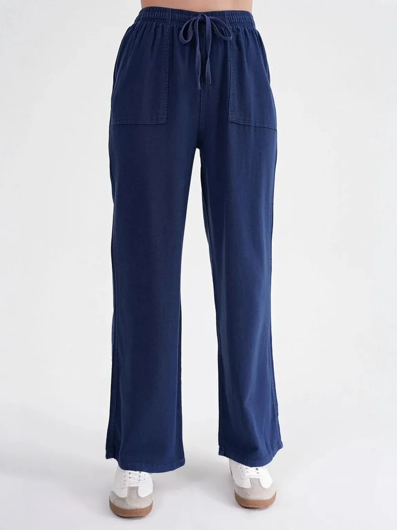 MixRay Navy Blue MIXRAY Mid Waist Straight Leg Cotton Pants with Tie Closure for Women | Best Price UAE
