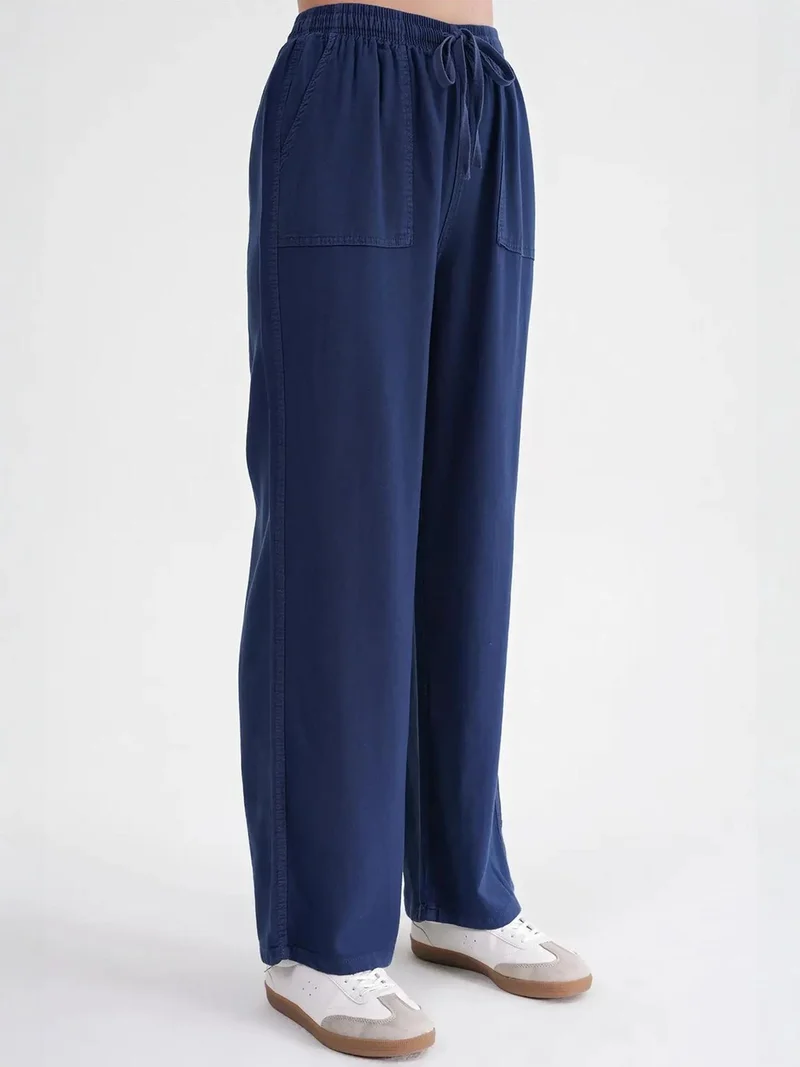 MixRay Navy Blue MIXRAY Mid Waist Straight Leg Cotton Pants with Tie Closure for Women | Best Price UAE