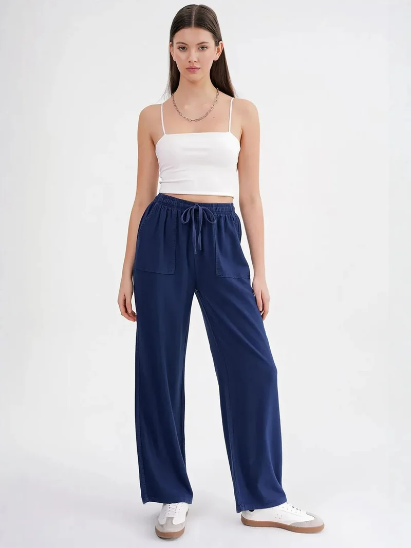 MixRay Navy Blue MIXRAY Mid Waist Straight Leg Cotton Pants with Tie Closure for Women | Best Price UAE
