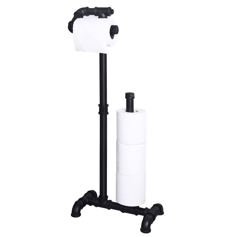 HouseAid Free Standing Industrial Pipe Toilet Paper Holder for Bathroom Stand Rustic Iron Toilet Roll Holder with Reserve Vintage Style Matte Black