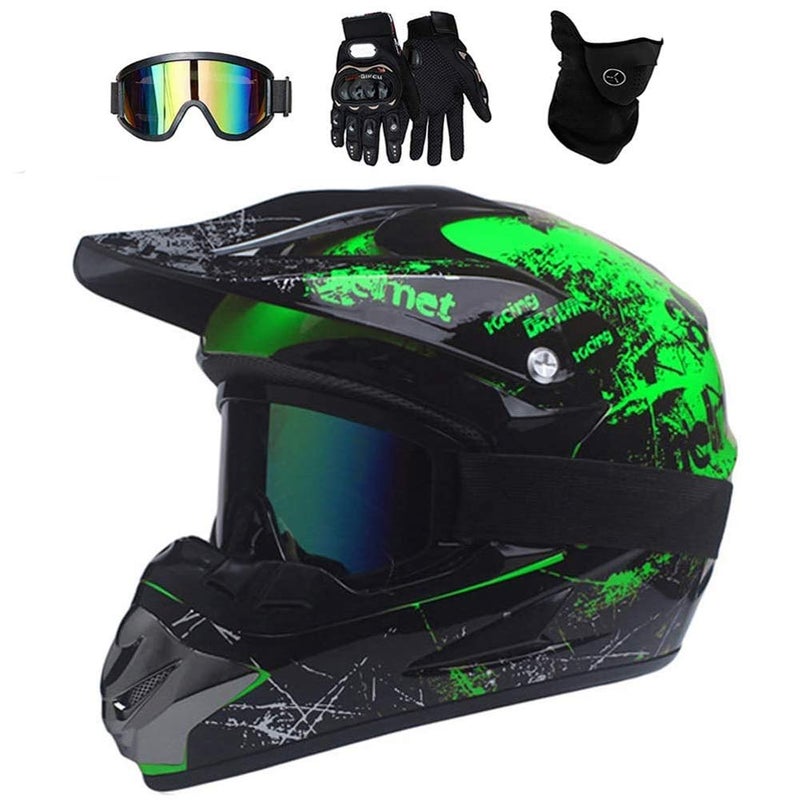 UIGJIOG Motocross Helmet, with Goggles Mask Gloves, Youth Kid Full-Face Off Road Motorcycle Crash Helmet, MTB BMX Downhill Quad Bike Enduro Racing Dirt Bike Helmet,Green,L(56~57cm) - Image 1