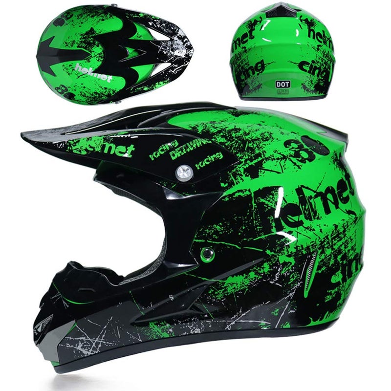UIGJIOG Motocross Helmet, with Goggles Mask Gloves, Youth Kid Full-Face Off Road Motorcycle Crash Helmet, MTB BMX Downhill Quad Bike Enduro Racing Dirt Bike Helmet,Green,L(56~57cm) - Image 2