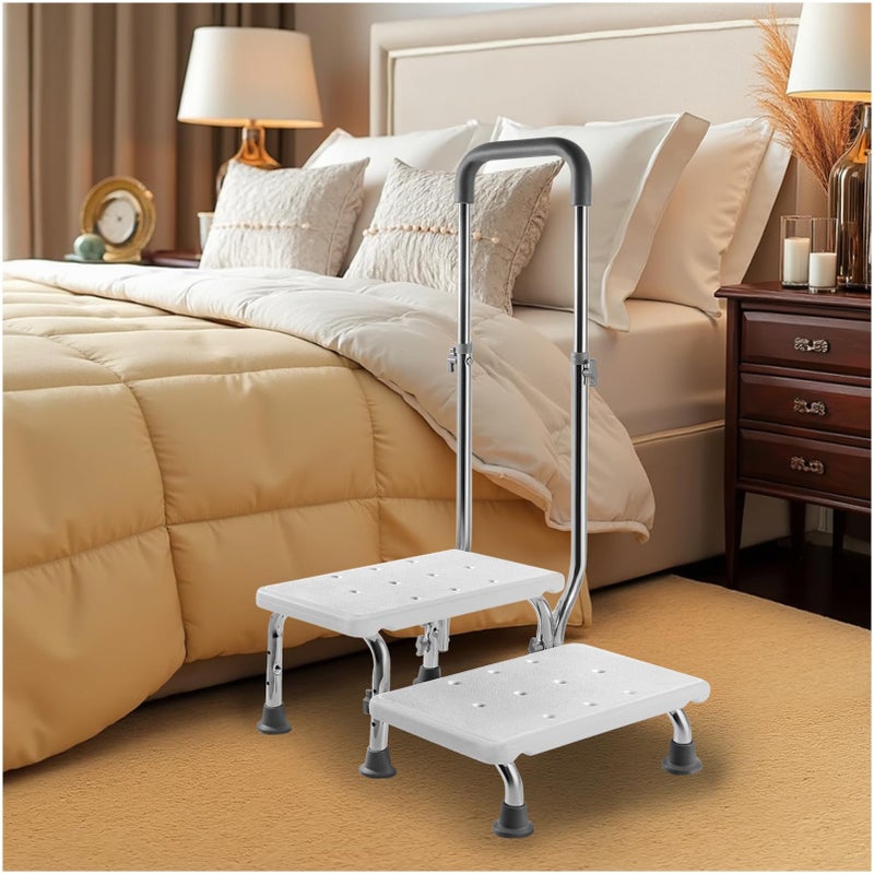 Kisworm 2 Step Stool with Handle for Elderly, Non-Slip Bedside Steps with Adjustable Handrail (450 lbs Capacity) - Image 1