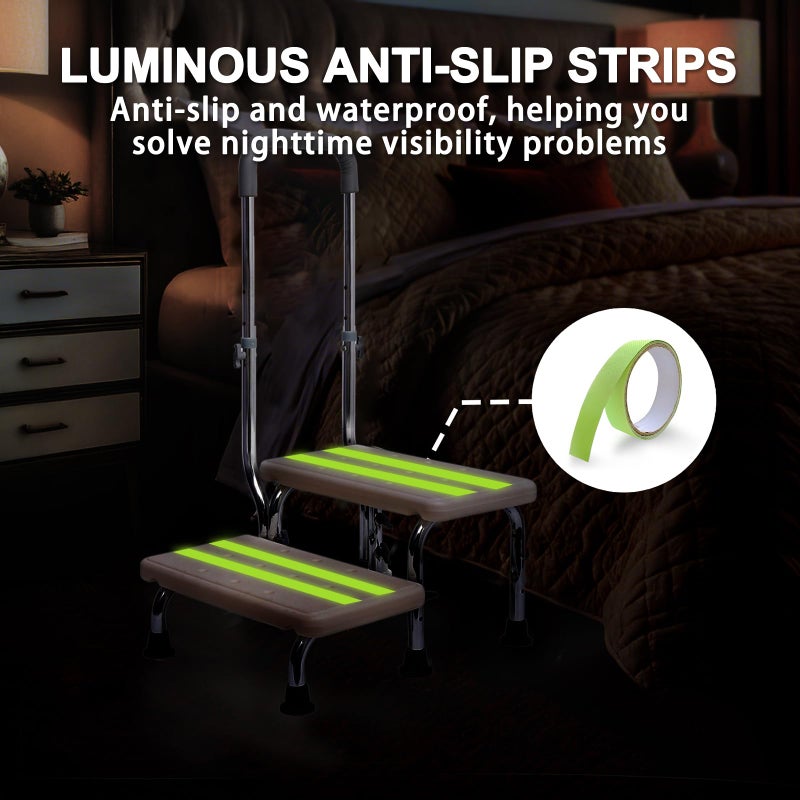 Kisworm 2 Step Stool with Handle for Elderly, Non-Slip Bedside Steps with Adjustable Handrail (450 lbs Capacity) - Image 5