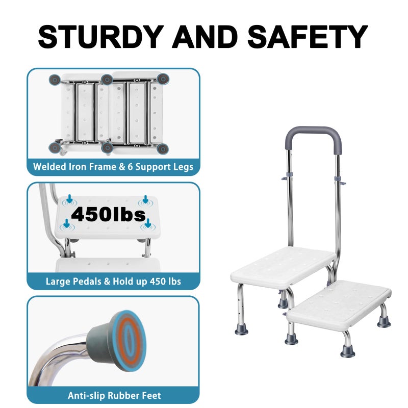 Kisworm 2 Step Stool with Handle for Elderly, Non-Slip Bedside Steps with Adjustable Handrail (450 lbs Capacity) - Image 3