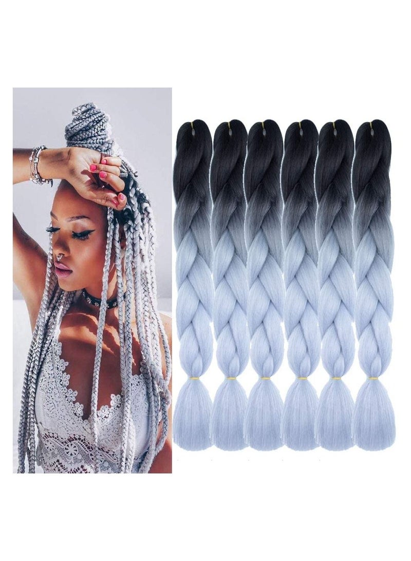 إستيل 6 عبوات وصلات شعر مضفرة جامبو متدرجة أومبير 24 بوصة وصلات شعر من الألياف الاصطناعية بدرجة حرارة عالية للتضفير (أسود إلى رمادي فضي) - Image 2