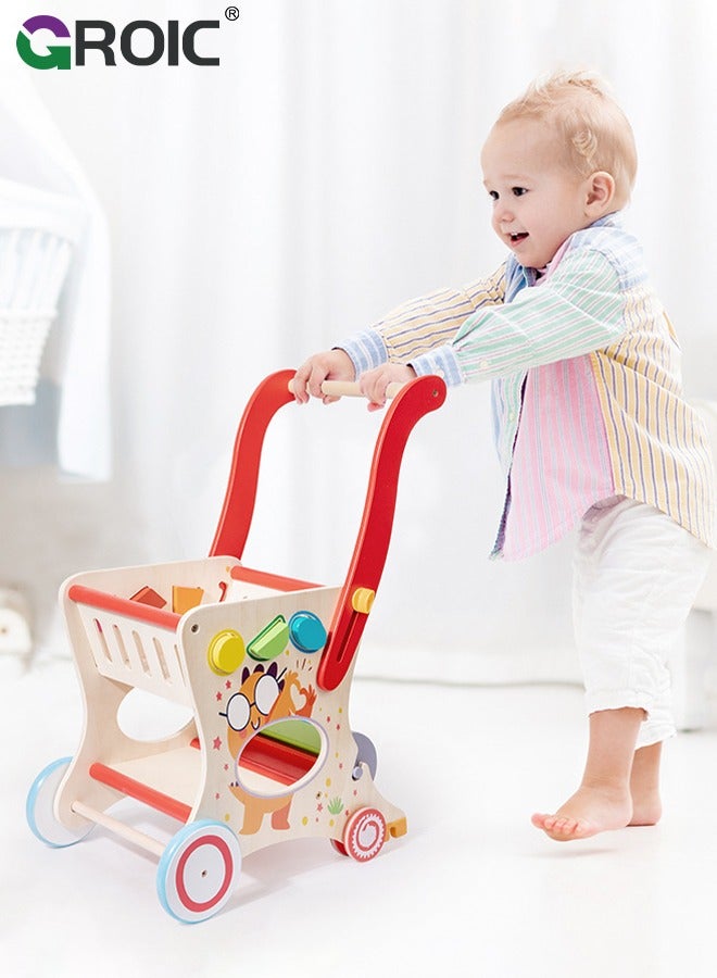 GROIC مشاية أطفال خشبية، مشاية دفع للأطفال، عربة تسوق للأطفال الصغار للفتيات والصبيان، لعبة دفع وسحب عربة البقالة، ألعاب مونتيسوري التعليمية للأطفال - Image 1