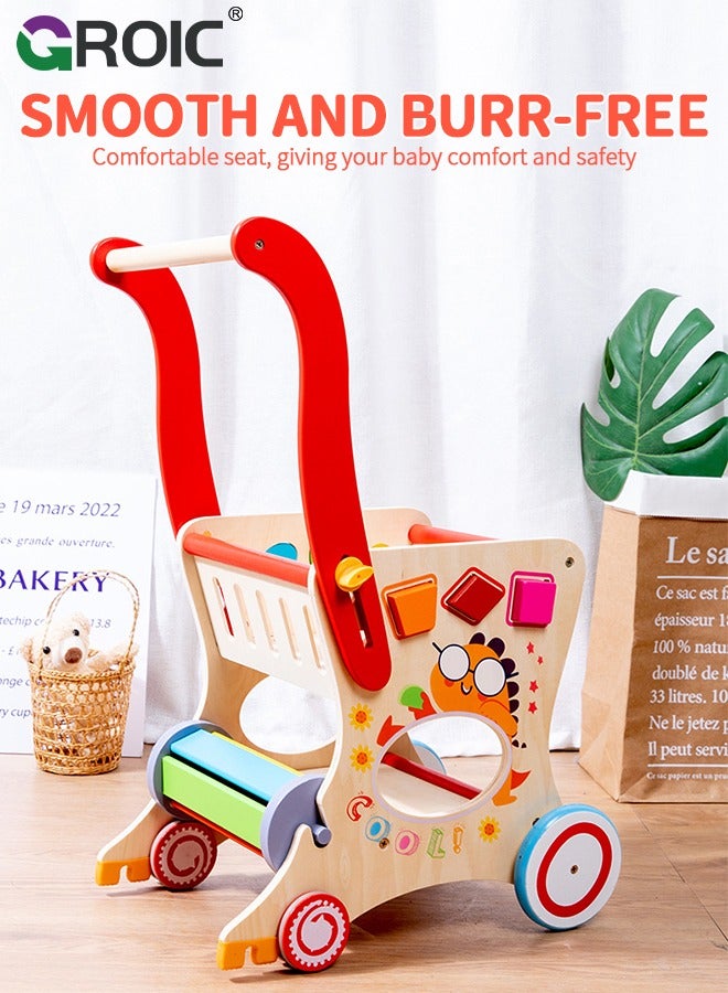 GROIC مشاية أطفال خشبية، مشاية دفع للأطفال، عربة تسوق للأطفال الصغار للفتيات والصبيان، لعبة دفع وسحب عربة البقالة، ألعاب مونتيسوري التعليمية للأطفال - Image 5