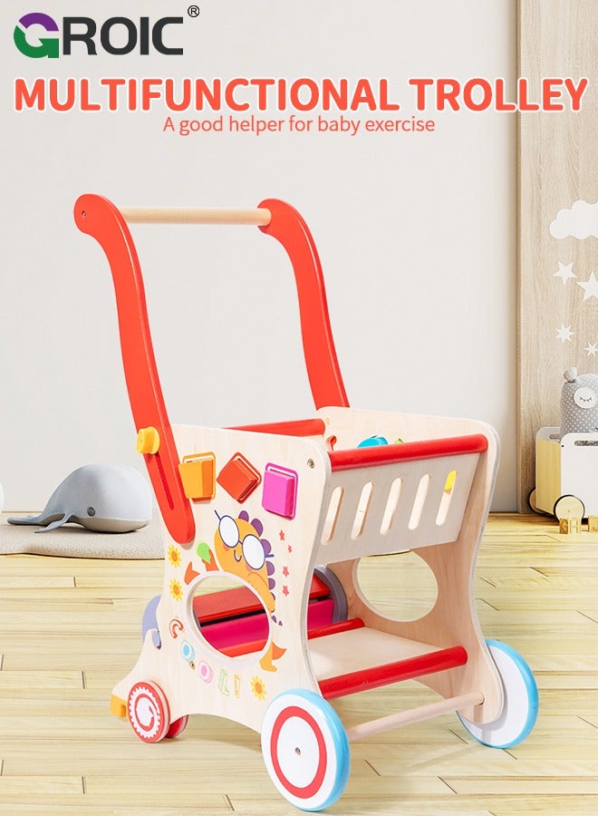 GROIC مشاية أطفال خشبية، مشاية دفع للأطفال، عربة تسوق للأطفال الصغار للفتيات والصبيان، لعبة دفع وسحب عربة البقالة، ألعاب مونتيسوري التعليمية للأطفال - Image 2