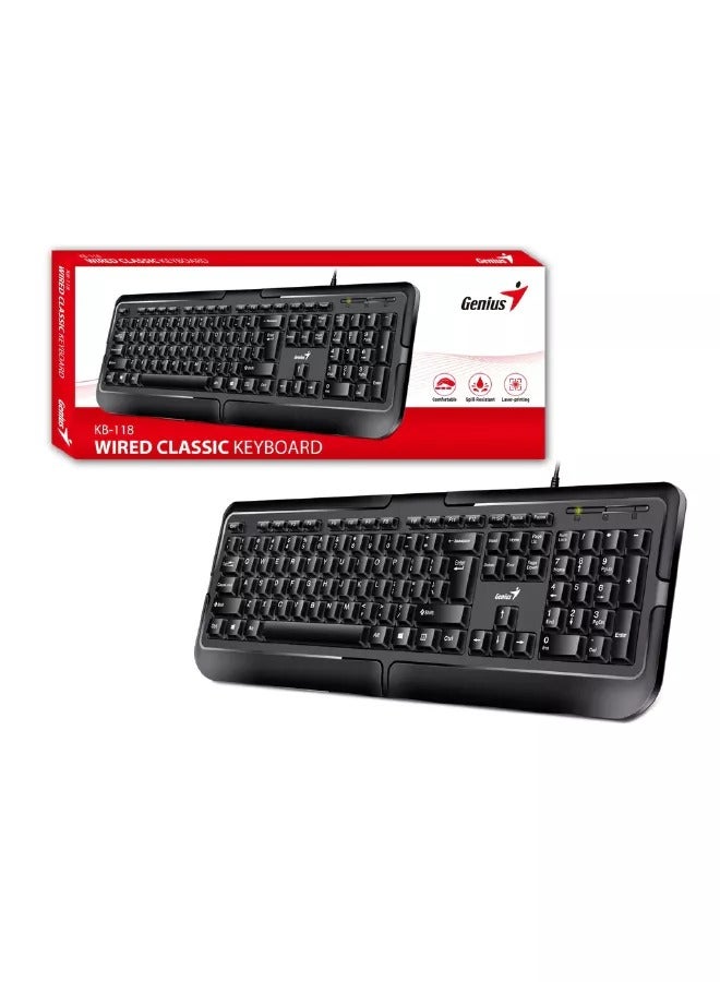 Genius Inter-Tech KB-118 USB QWERTZ Keyboard in Black A standard wired keyboard with an ergonomic design and responsive keys that provides a stable USB connection and is suitable for everyday use.  - Image 4